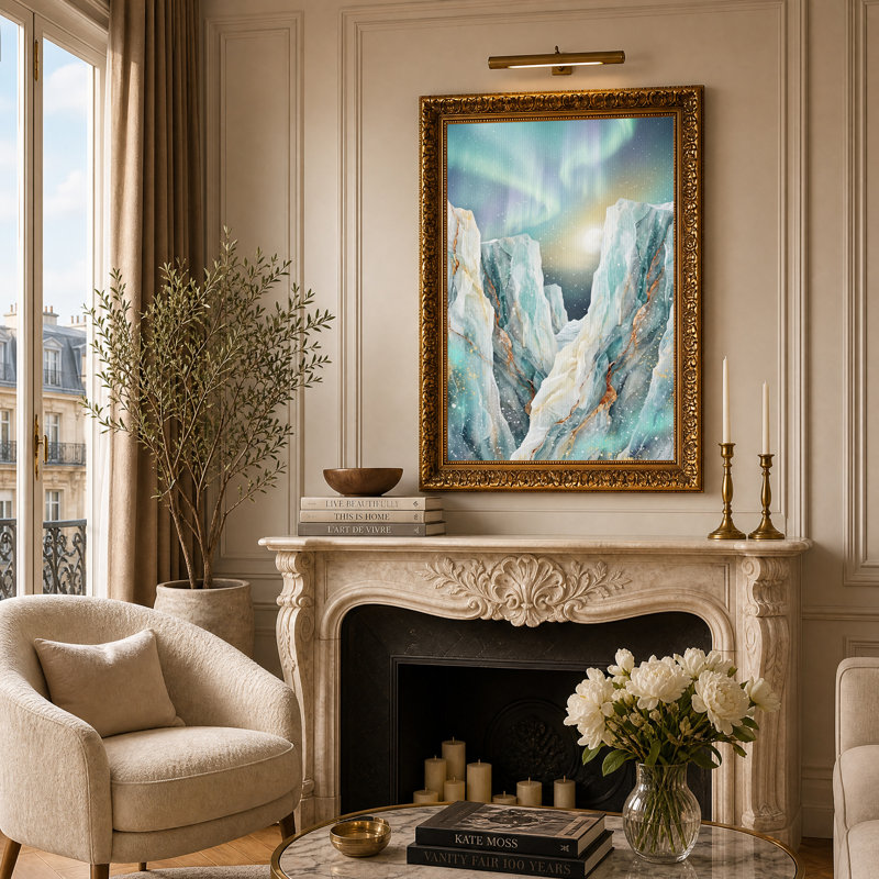 Art mural sur toile Teal Marble Mountains with Gold Veins under Aurora, H 24 po x l 16 po