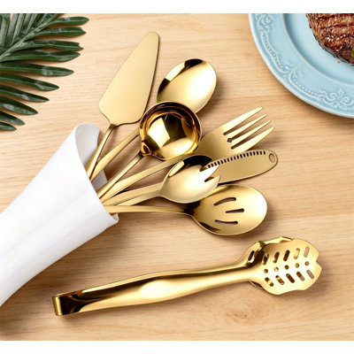 Ensemble d'ustensiles de service 8 pièces en acier inoxydable doré poli avec cuillères, fourchette, louche, pinces, plat à gâteau