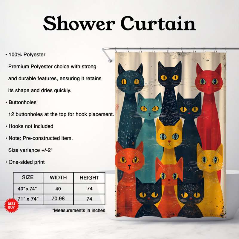 Rideau de douche standard 1 pièce Painted Kitty, H 74 po x l 71 po