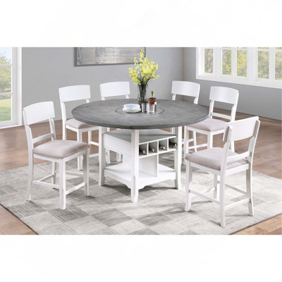Classic 7-Piece Counter Height Dining Set Antique White Gray Table With Lazy Susan Built-In Leaf 6X High Chairs Kitchen Dining Room Storage Space Furniture