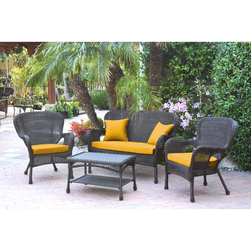 Bellas 4 Piece Sofa Set with Cushions, Blue, Espresso