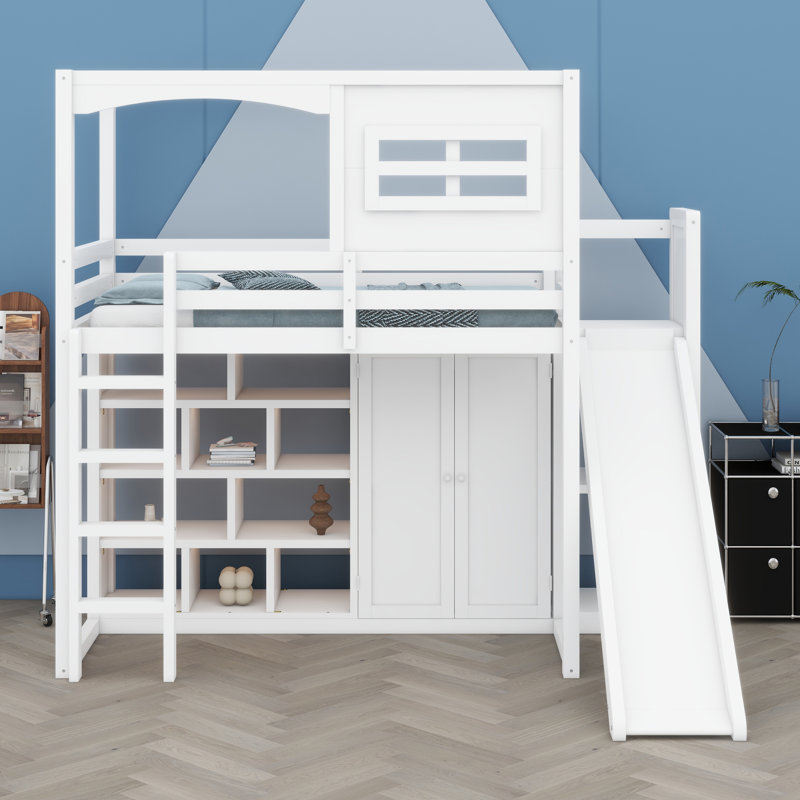 Lit mezzanine avec garde-robe, tablettes de rangement