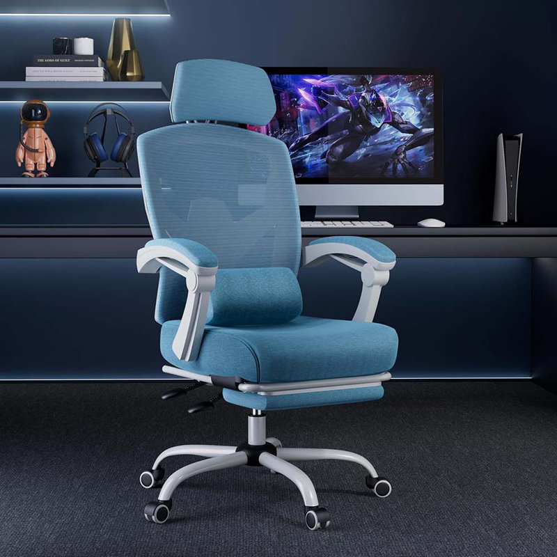 Home Game Chairs With Footrest, High-Back Mesh Rolling Swivel Reclining Chairs With Wheels, Comfortable Headrest, Lumbar Support, Comfy Arms For Home, Game Chairs, Student, Blue