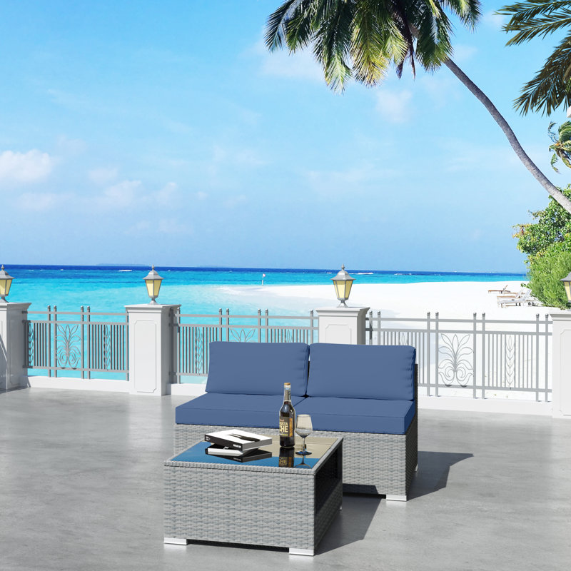 50" Wide Outdoor Wicker Loveseat with Cushions, Blue