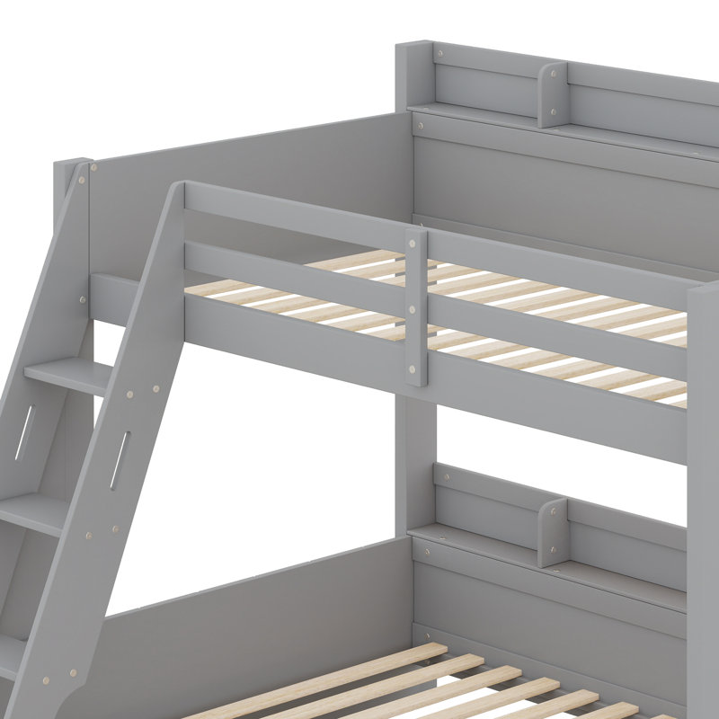 Bunk Beds With Storage Shelves ,Drawer, LED ,Charging Station, Guardrails And Ladder, Grey