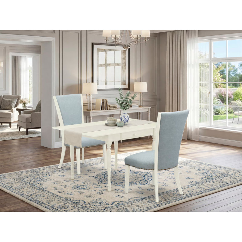 3 Piece Dining Room Table Set Contains a Rectangle Kitchen Table with Dropleaf and 2 Baby Blue Linen Fabric Parson Dining Chairs, Linen White