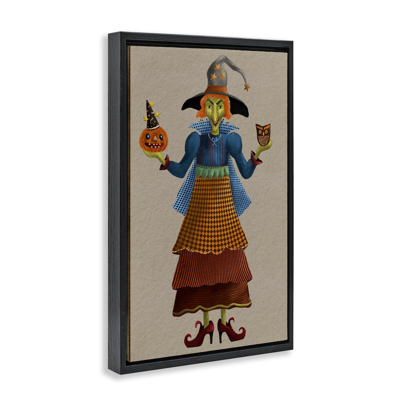 «Halloween Witch in Plaid», toile flottante encadrée par Regina Moore, Cadre flottant noir de jais, H 25 po x l 17 po
