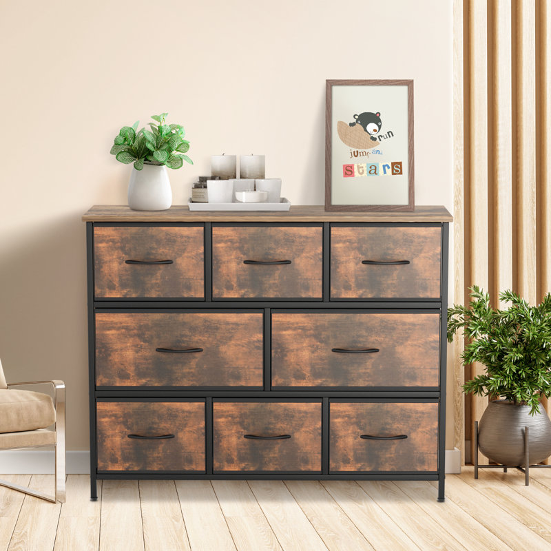 Commode en fer à 8 tiroirs Nertie, Grain de bois