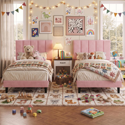 2 Set of Bed Frame Twin Size with Adjustable Height Vertical Channel Tufted Headboard, Upholstered Platform Bed Frame with Sturdy Wooden Slats Support, Noise Free, Pink