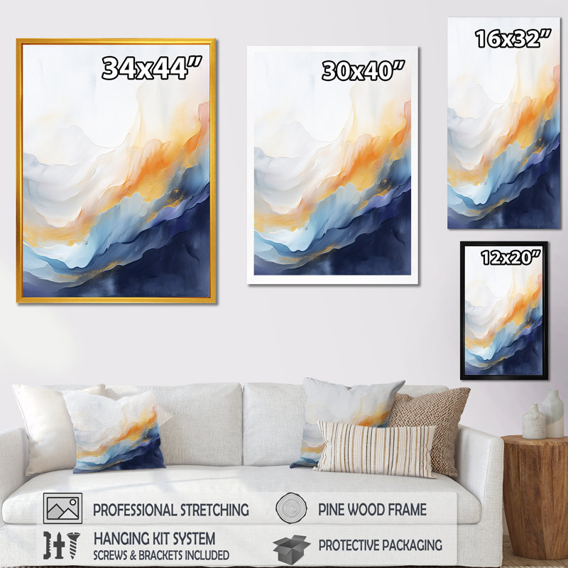 Tempête de marbre bleu et jaune I - art mural abstrait, Cadre simple noir, H 32 po x l 16 po x P 1 po