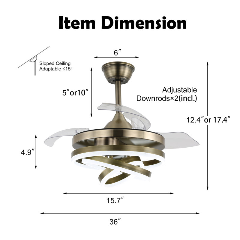 36 Inch Modern Retractable Chandelier Ceiling Fan With Lights And Remote, Silent DC Motor LED Dimmable DIY Shade Ceiling Fan