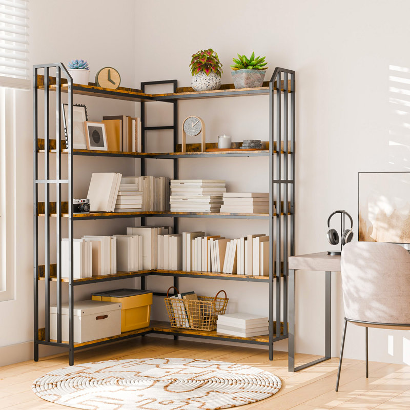 Bookshelf 5 Tiers , Corner Bookcase With Baffles, 70''x47''x44'' Large Industrial Wooden Bookcase With Metal Frame, L Shaped Bookshelf For Living Room, Home Office, Rustic Brown