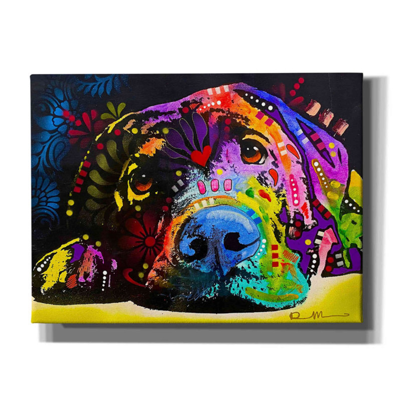 «Lying Lab 2» par Dean Russo - impression sur toile tendue, H 12 po x l 16 po x P 0,75 po