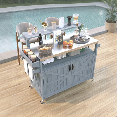 53" Mobile Outdoor Kitchen Island Cart with Food-Grade Stainless Steel Countertop, Portable BBQ Prep Station & Storage Cabinet for Patio, Backyard