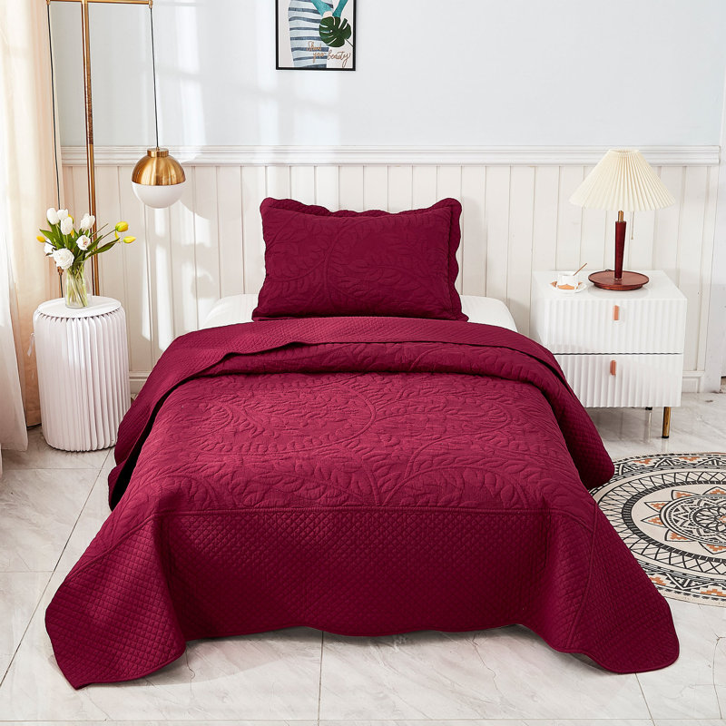 Cotton Quilt, Twin Quilt + 1 Twin Sham, Wine Burgundy