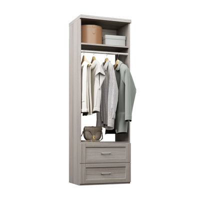 Grey Oak 19.5" Wall-Mounted Closet Section with 1 Clothing Rod, 1 Shelf & 2 Shaker Drawers