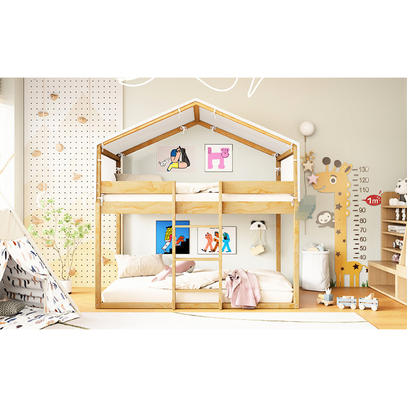 Natural Twin Over Bunk Bed With Tent - Playful Bedroom Addition Wood Spacious Interior, Natural