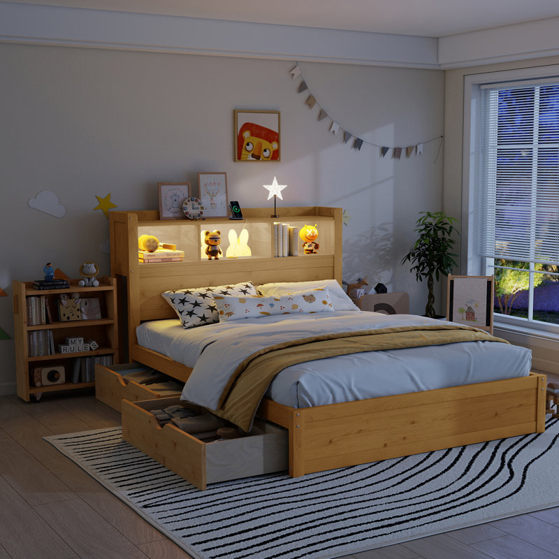 Full Wood Bed with Storage Headboard, LED Light, Drawers & Pull-Out Cabinet – Space-Saving Modern Design, Natural, Natural