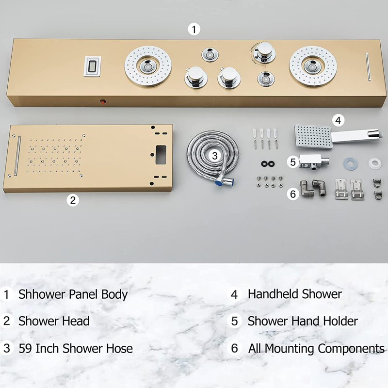 Panneau de douche 45 po avec pomme de douche fixe, Or brossé
