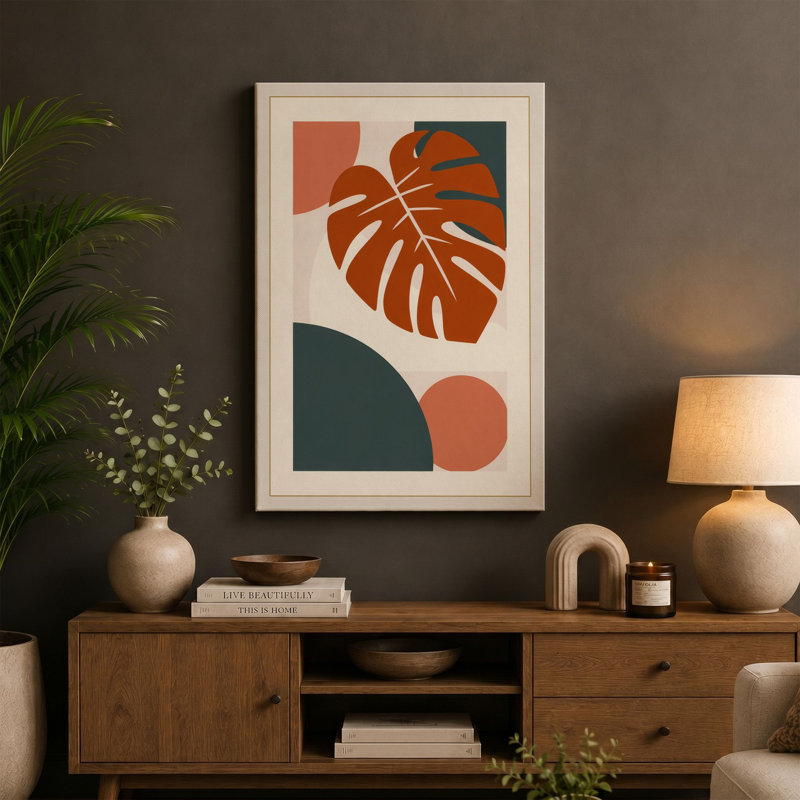 Monstera Geometry Mid-Century - Wrapped Canvas, Cream Border, 30x20 - 76.2 x 50.8 cm