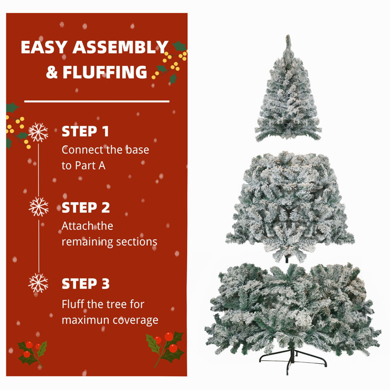 Pre-Lit Snow-Flocked Artificial Spruce Christmas Tree with Warm White Chasing LED Lights, 180cm H