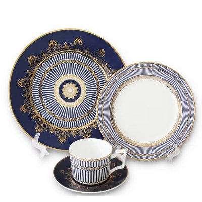58 Piece British Style Bone China Dinner Set In Royal Blue/white/gold, Complete Service For 6 Person