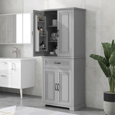 Armoire de rangement pour salle de bain avec portes et tiroir, plusieurs espaces de rangement, tablette réglable, gris