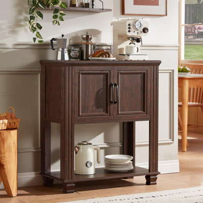 Farmhouse Coffee Bar Table with 2-Door Cabinet, Kitchen Storage Cabinets with Open Shelf, Coffee Station for Dining Room, Kitchen, Hallway, Living Room (Walnut)