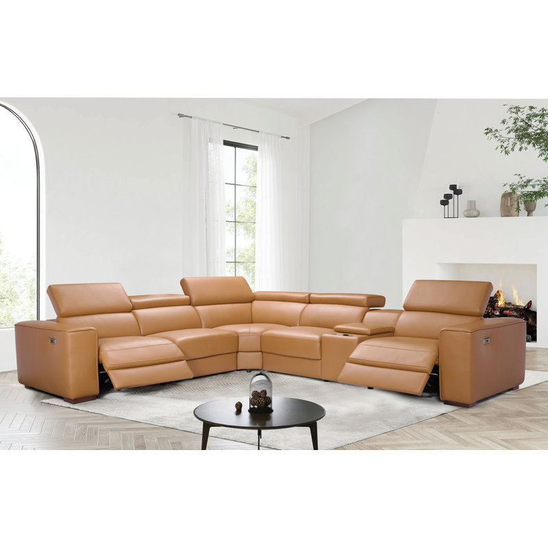  Canapé modulaire inclinable électrique italien en cuir véritable avec console, chargement sans fil et canapé électrique + appui-tête électrique + fauteuil double sans accoudoirs électrique