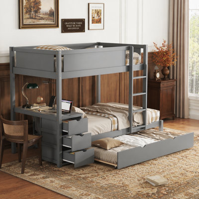 Twin-Over-Twin Bunk Bed with Twin size Trundle, Storage and Desk, Gray