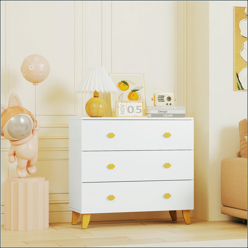 Commode enfant charmante à 3 tiroirs, poignées en bois en forme de nuage et pieds en pin, idéale pour la chambre d'enfant, blanche.