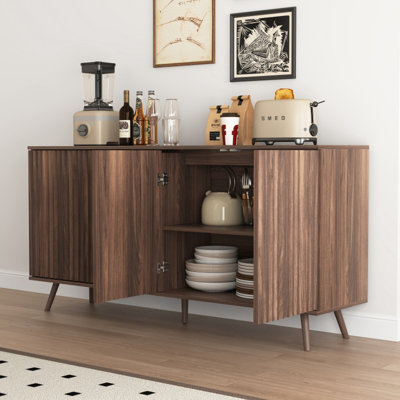 4-door Walnut Sideboard Buffet Cabinet With Adjustable Shelves