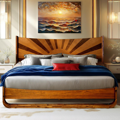 Sunset Solid Acacia Wood Platform Bed, Tall Headboard, Mid-Century Art Deco Design, No Box Spring Needed, Sturdy Slat Support, Scratch & Water-Resist by RORNS