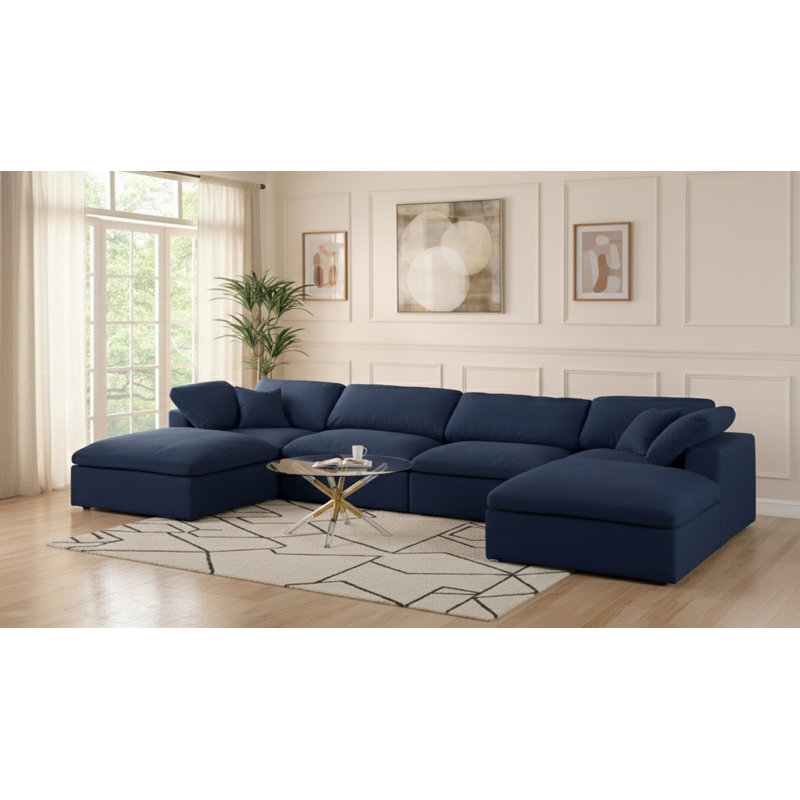Canapé modulaire en lin avec chaise et repose-pieds Burrows, Tissu texturé en lin bleu marine