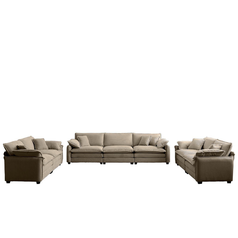 Ensemble de salon moderne 3 pièces, deux canapés 2 places et un canapé 3 places, grand canapé rembourré à assise profonde avec coussin et coussins, velours côtelé brun clair