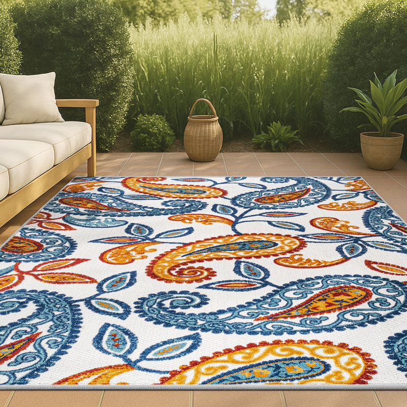 Jotunheim Paisley High-Low Orange/Blue Indoor/Outdoor Rug, Rectangle 4' x 6'