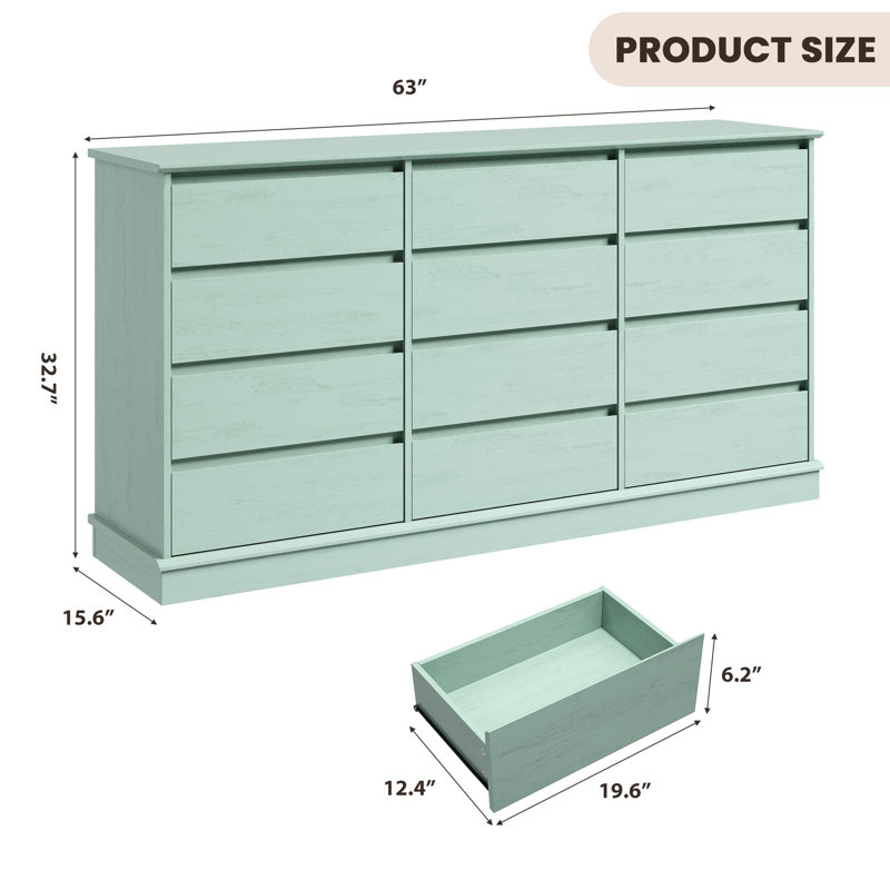 Commode à 12 tiroirs, grande commode de rangement bleu pâle avec grands tiroirs, meuble de rangement aspect bois pour chambre à coucher et dressing