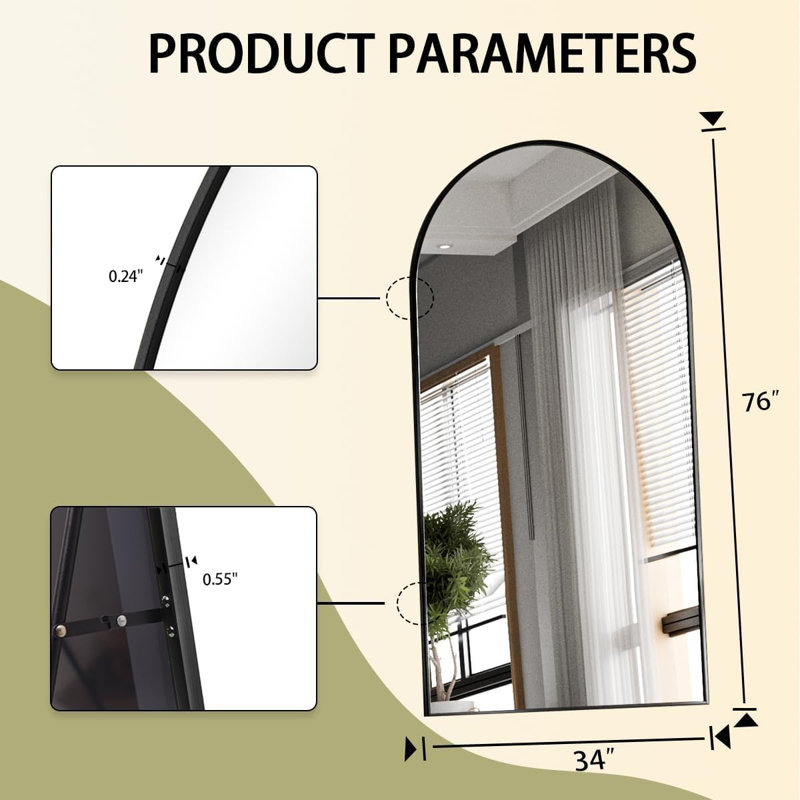 76"X34" Arched Full Length Mirror, Oversized Wall Mirror With Aluminum Alloy Frame, Full Body Floor Mirror For Bedroom, Dressing Room, Black