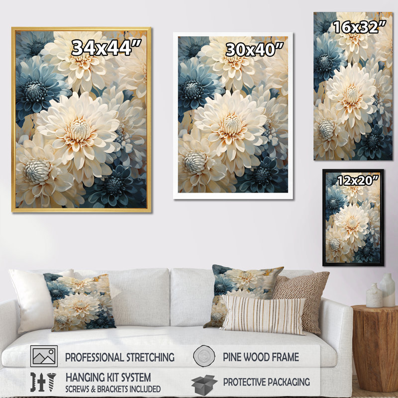 «Mums White and Blue Elegance I», reproduction sur toile, Cadre naturel flottant, H 20 po x l 12 po x P 1 po