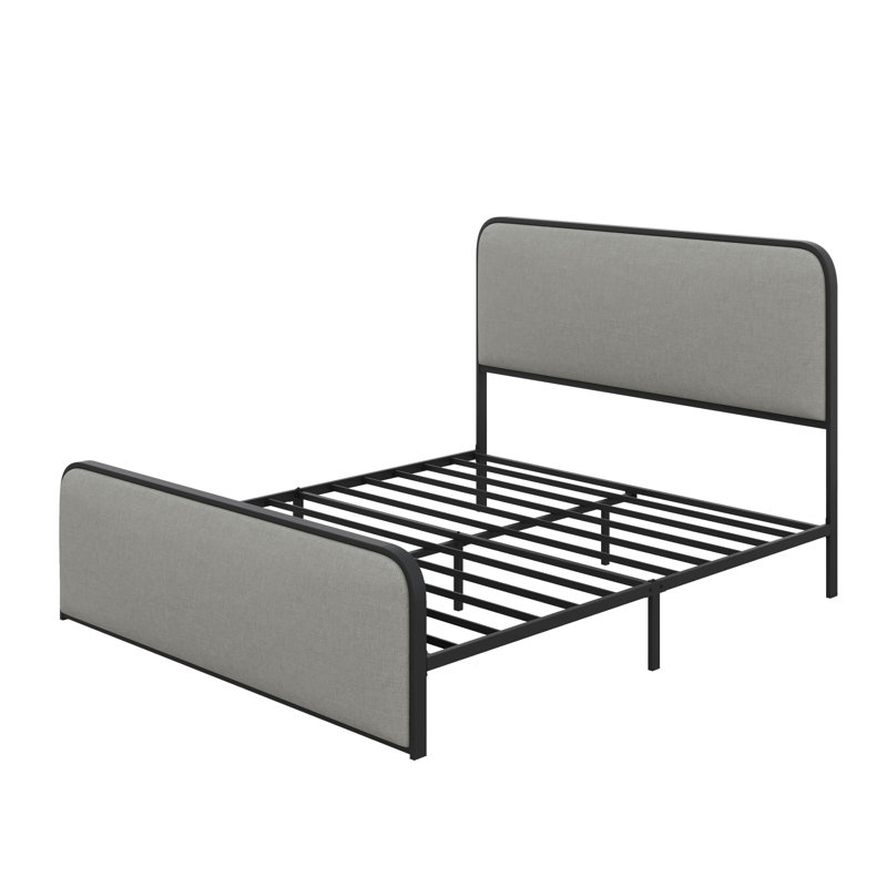 Structure de lit moderne en métal avec tête et pied de lit courbés et rembourrés, avec rangement sous le lit, gris, Grand