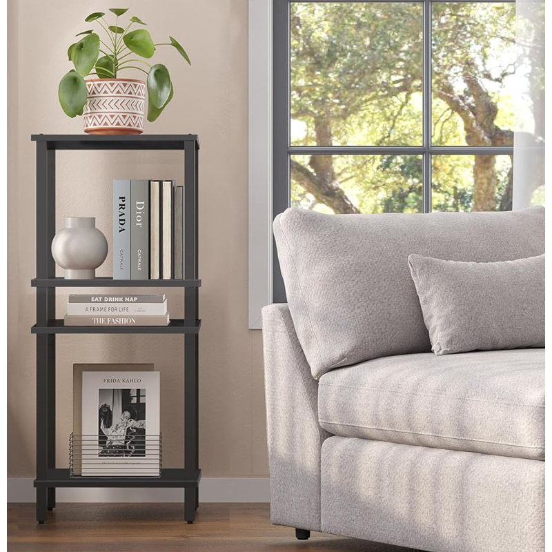 Black 2-Tier Rectangular Side Table with Storage Shelf
