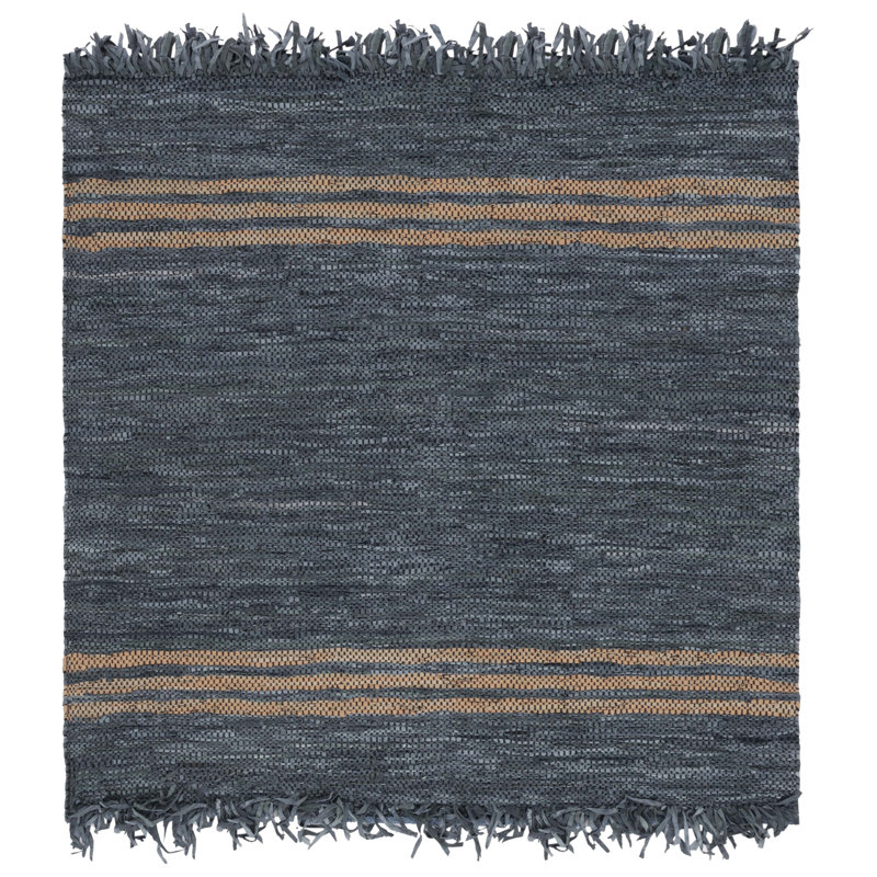 Krimmel Vintage Leather Hand Woven Leather/Cotton Striped Rug in Grey/Beige, Square 6'
