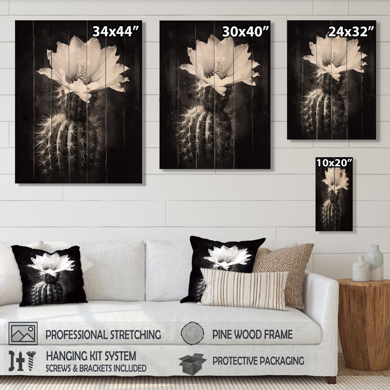 Cactus noir et blanc avec collage minimaliste sur bois, H 20 po x l 10 po x P 0,78 po