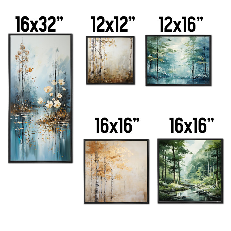 «Minimal River Forest», ensemble de 5 peintures murales liquides, Cadre flottant noir