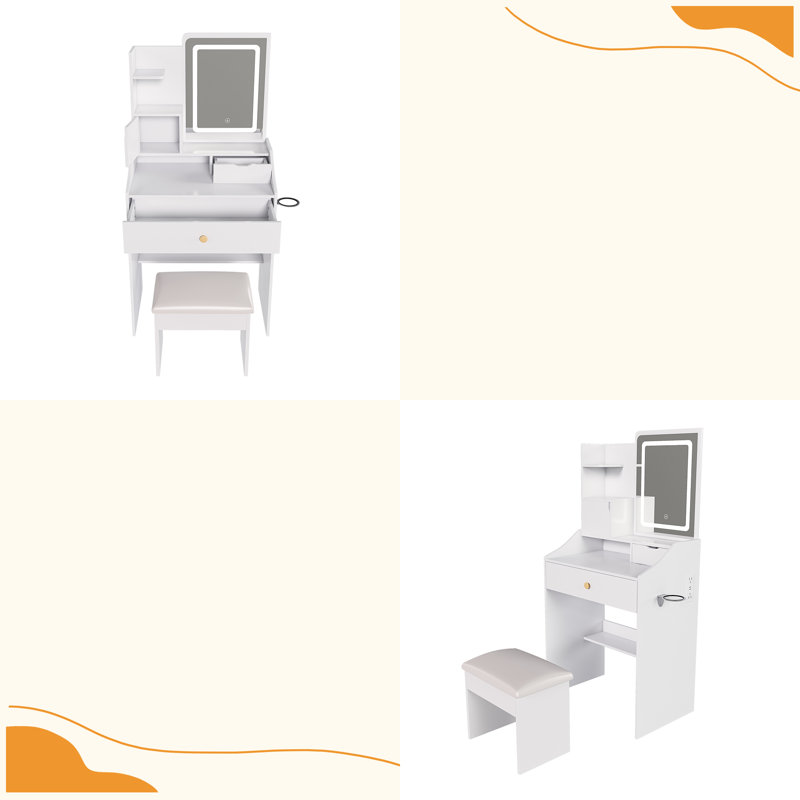 3-Color LED Vanity Mirror With Stool, Dressing Table For Bedroom, 2 Drawers & 5 Storage Cabinets (4 Open + 1 Hidden), Adjustable Lighting