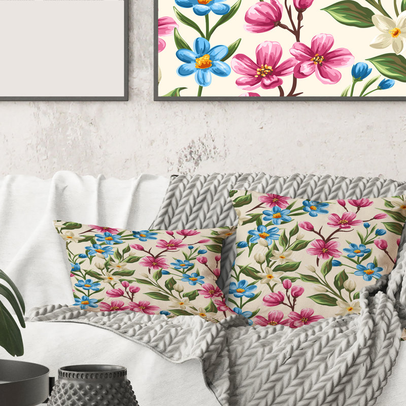 Fleurs sauvages rétro roses et bleues - coussin traditionnel imprimé, 18" x 18"