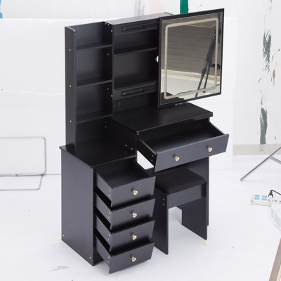 Table de chevet gauche de 94 cm (37 pouces) avec tabouret rembourré, 2 prises secteur et 2 prises USB, support pour sèche-cheveux, grand miroir coulissant tactile à DEL, 3 modes d'éclairage, trousse de maquillage, certifié EPA, GCC et UL.
