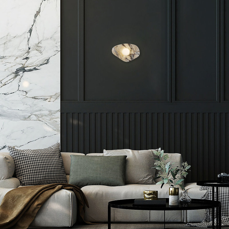 Tenere LED Wall Sconce or Flush Mount with Natural Marble, Etched Opal Glass Globe, 3-CCT Selectable, Dimmable, Wet Rated