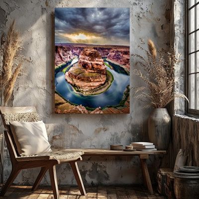 Toile, vue aérienne à couper le souffle d'une rivière sinueuse, art mural majestueux, "Red Rock Canyons", encadrée par Dramatic Dark Storm, reproduction d'art sur toile