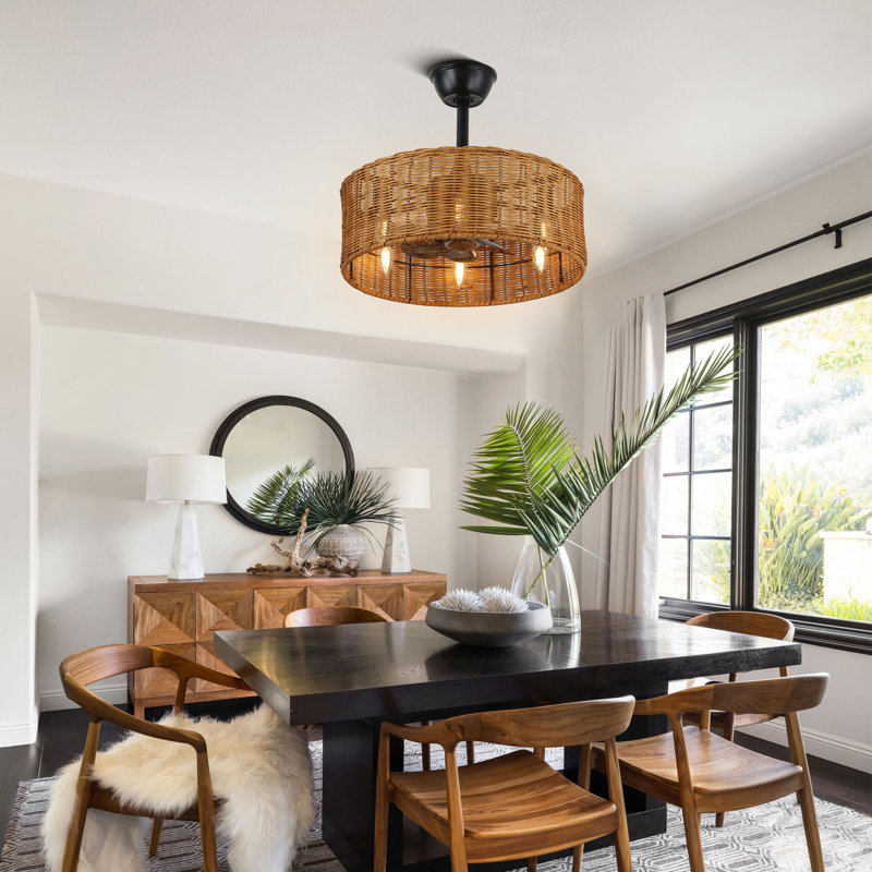 18" Boho Rattan Caged Ceiling Fan with Lights and Remote Control, Quiet DC Motor, 6-Speed and Timer